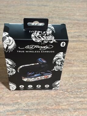 Ed Hardy Black Wireless Earbuds with White Tattoo-Print Charging Case